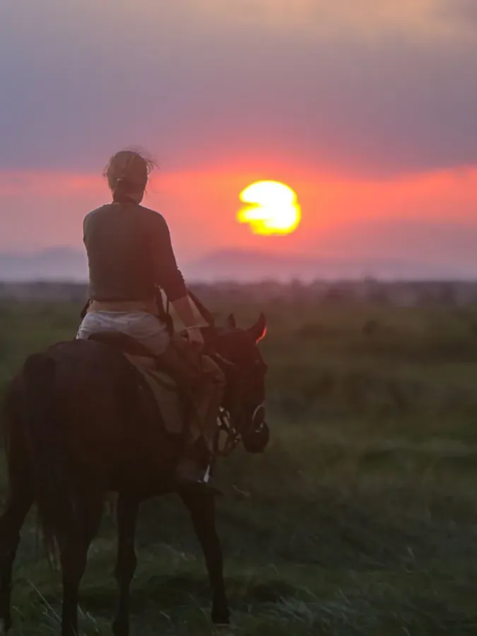 A lone rider on horseback crossing the plains, silhouetted against a red setting sun
