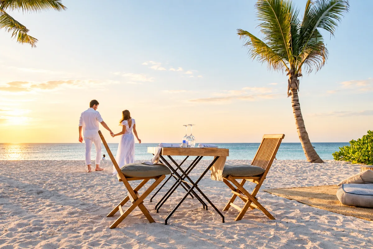 A table laid for two on the sand at sunset, a couple in white walking hand in hand towards the water beneath a palm