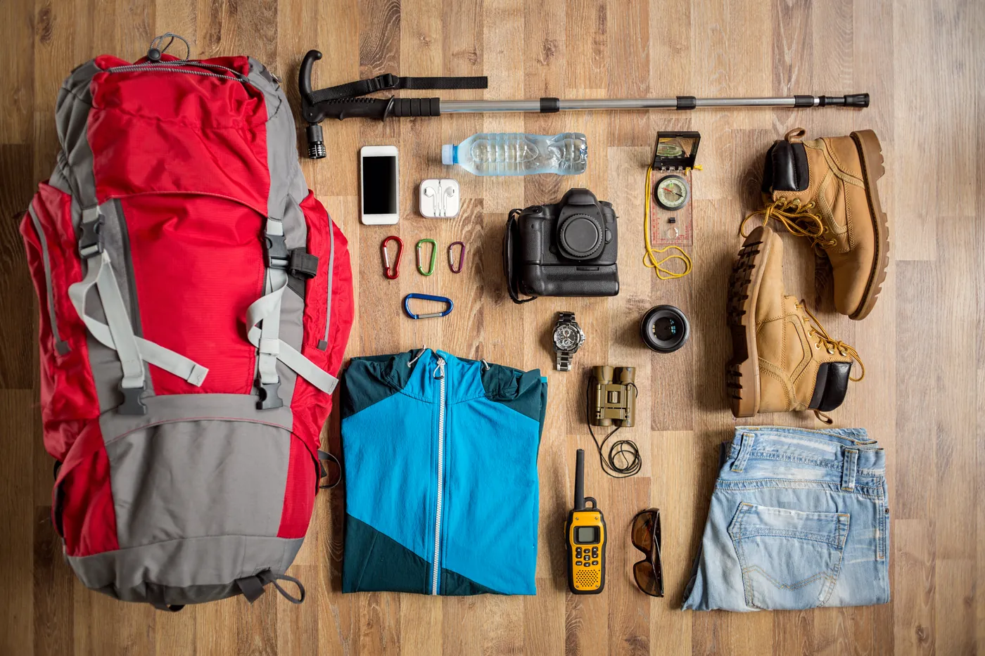 Outdoor kit laid out in rows on a wooden floor: a red rucksack, walking boots, a folded blue jacket and jeans, a camera and lens, binoculars, a water bottle, a phone, a watch, sunglasses and a radio