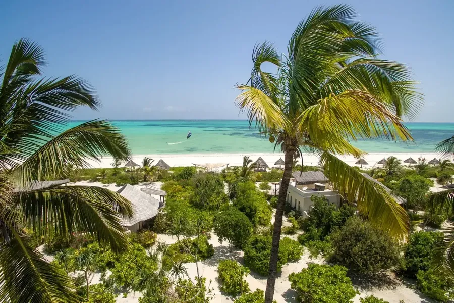 Looking out between palms over the white beach and shallow turquoise lagoon at Paje, kites out on the water